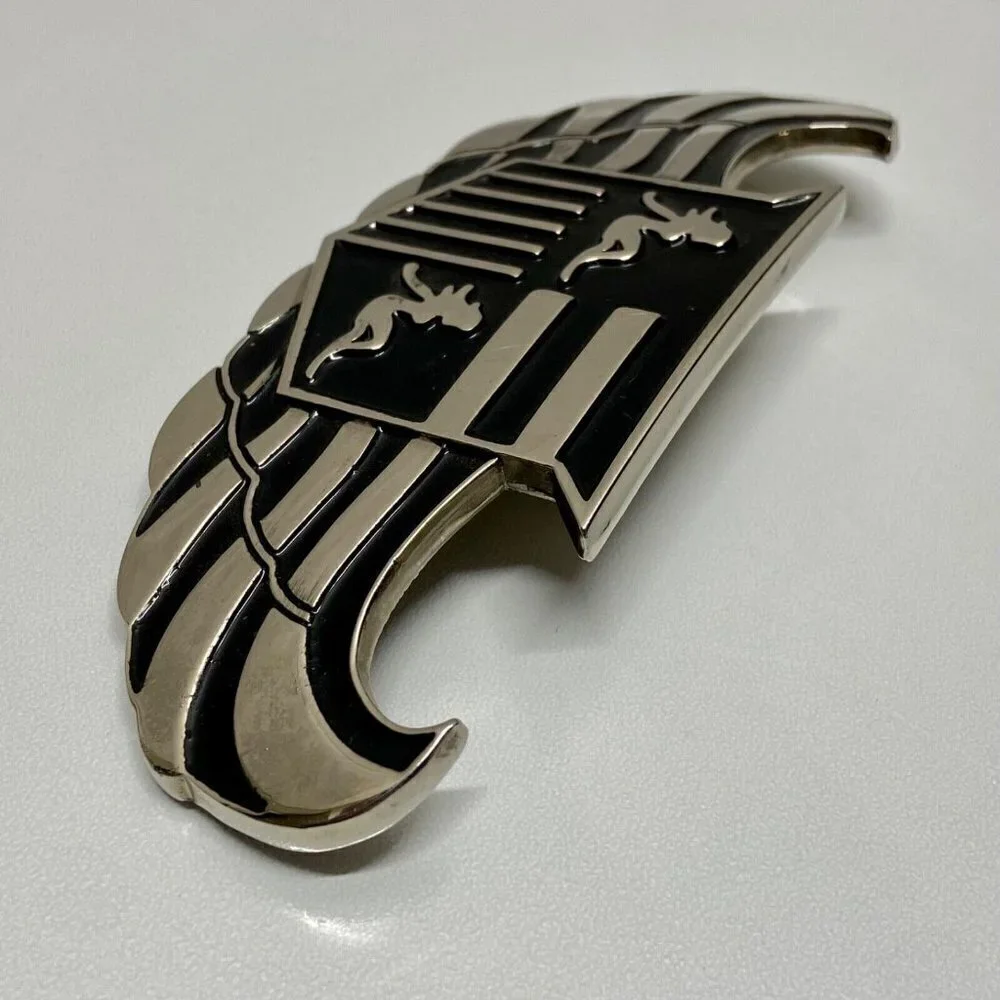 Cadillac 187 INC. Belt Buckle Bottle Opener Tool 5” Chrome Black Winged Logo Vtg